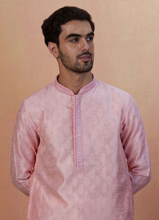 Pink Paisley Self Design Kurta Pajama